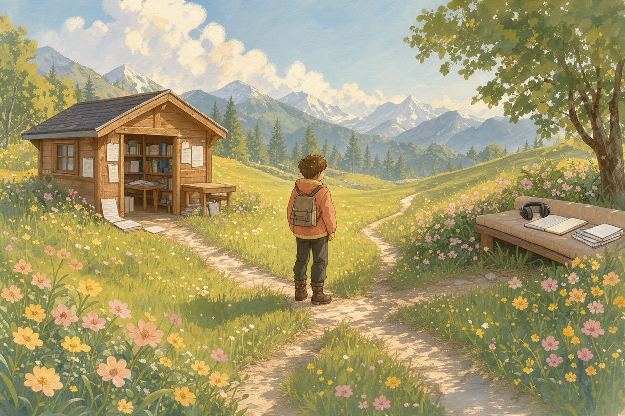 Illustration of a traveller at a fork in a meadow path, one way to a library cabin, the other to a reading nook with notes and flashcards