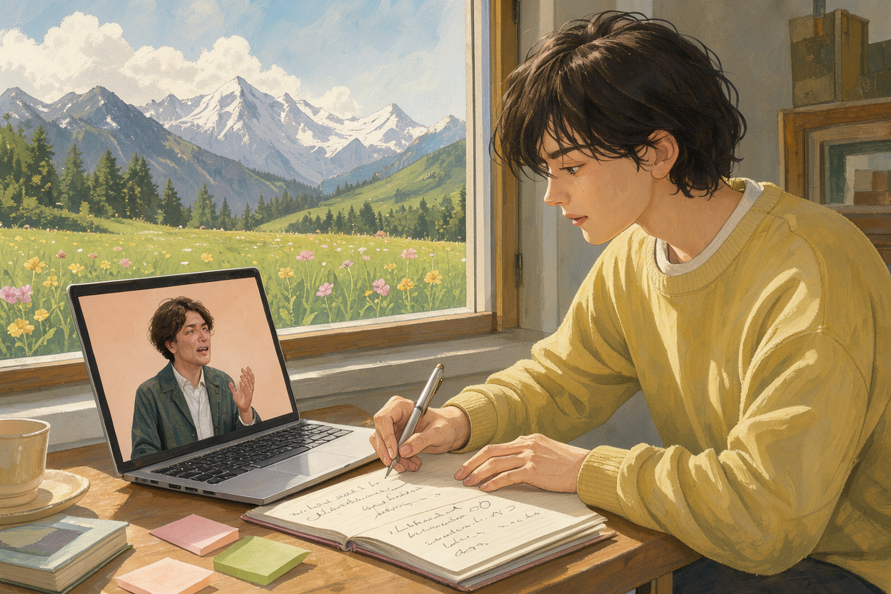 Illustration of a student writing notes by hand while a lecture plays on a laptop beside a window onto a mountain meadow