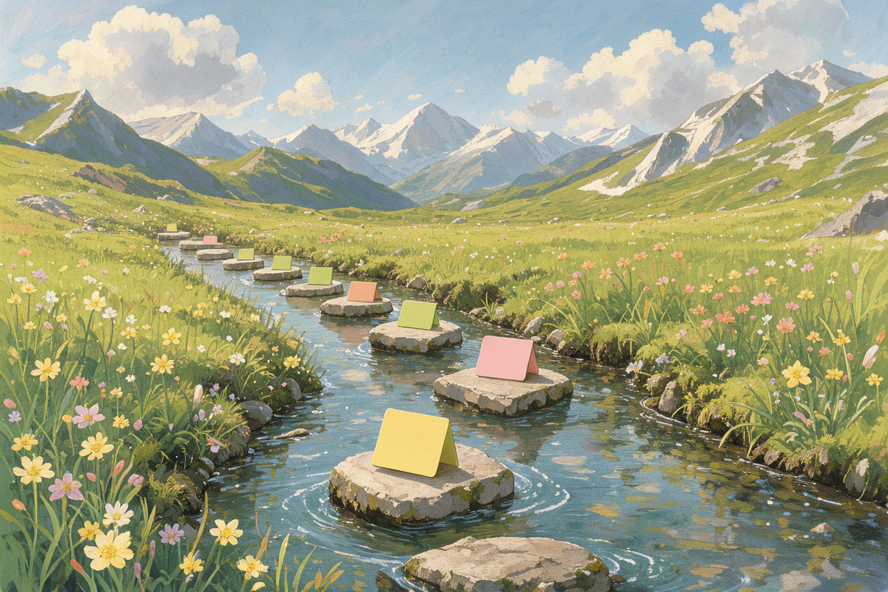 Illustration of stepping stones across a meadow stream, each holding a pastel index card, spaced further apart into the distance