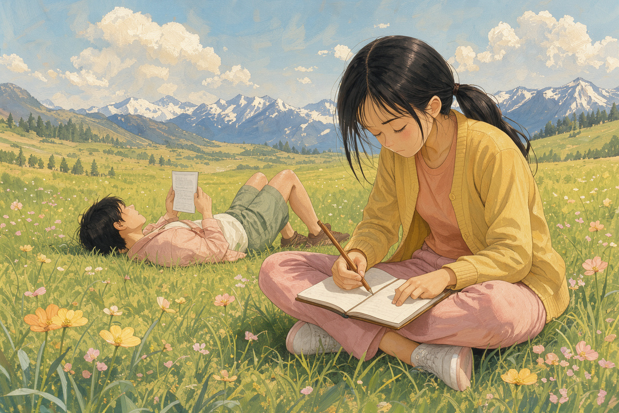 Illustration of one student lying in the grass reading a summary while another sits writing from memory in a notebook