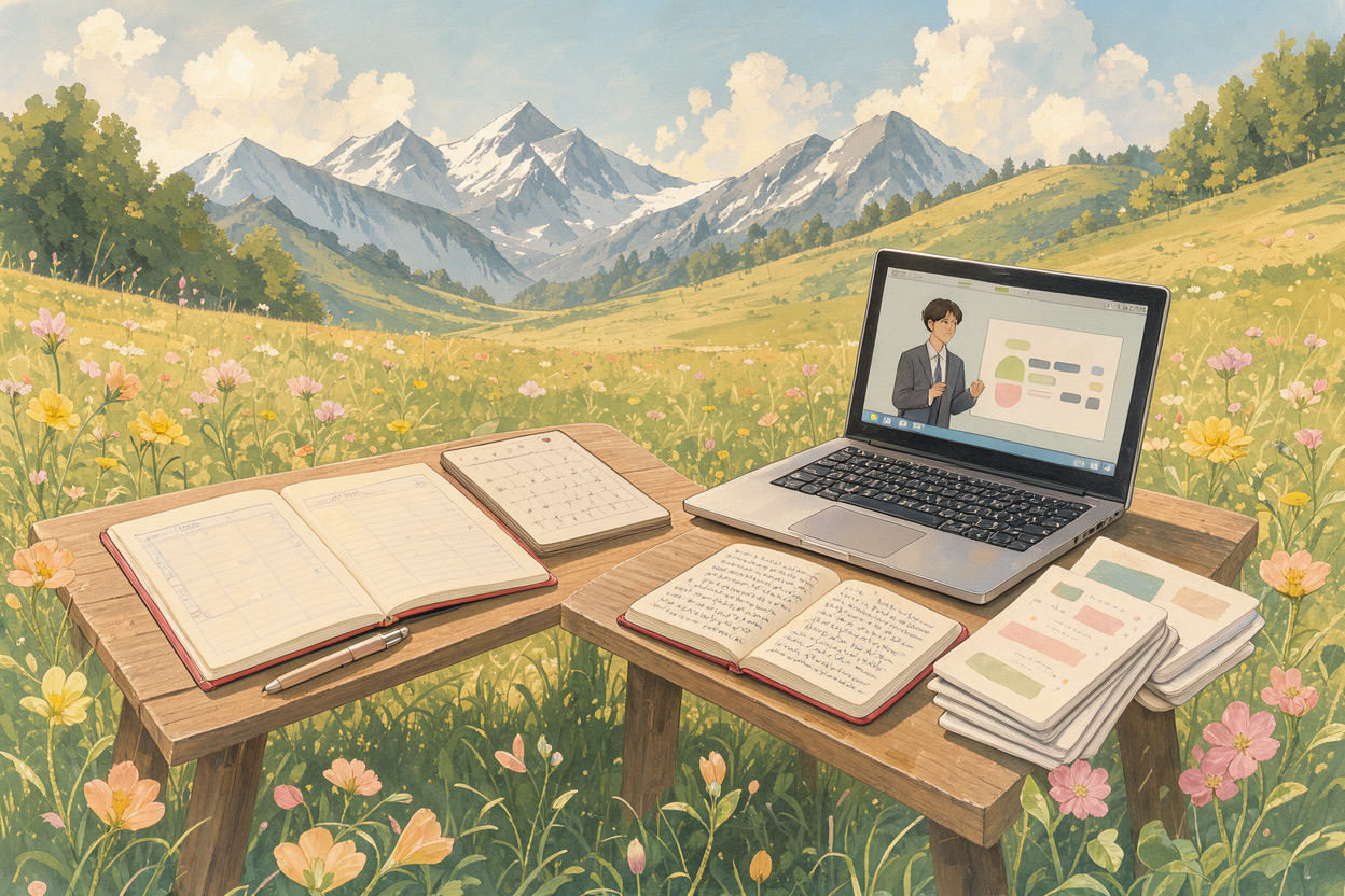 Illustration of two tables in a meadow, one with a planner, the other with a laptop lecture, handwritten notes and flashcards