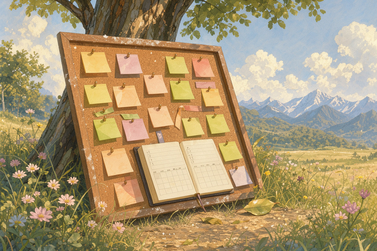 Illustration of a neat corkboard of colour-coded pastel sticky notes and a planner, left untouched against a tree in a meadow
