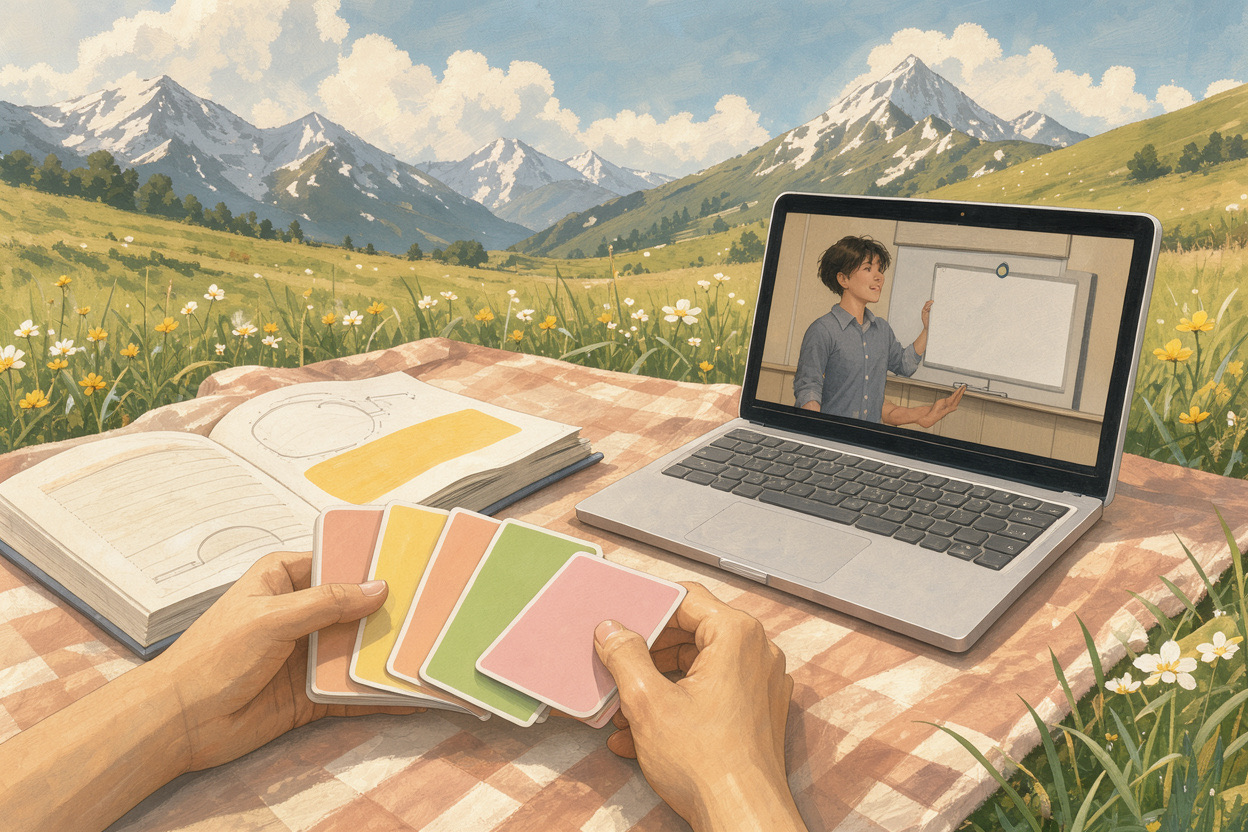 Illustration of hands sorting pastel flashcards on a picnic blanket next to a highlighted textbook and a laptop showing a paused lecture