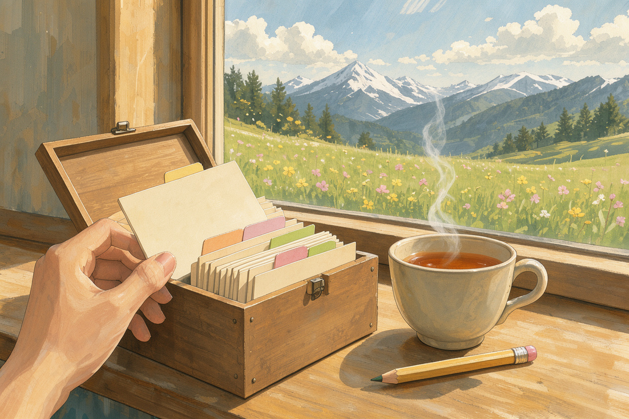 Illustration of a wooden box of index cards on a sunny windowsill, one card lifted out, with a cup of tea and mountains outside